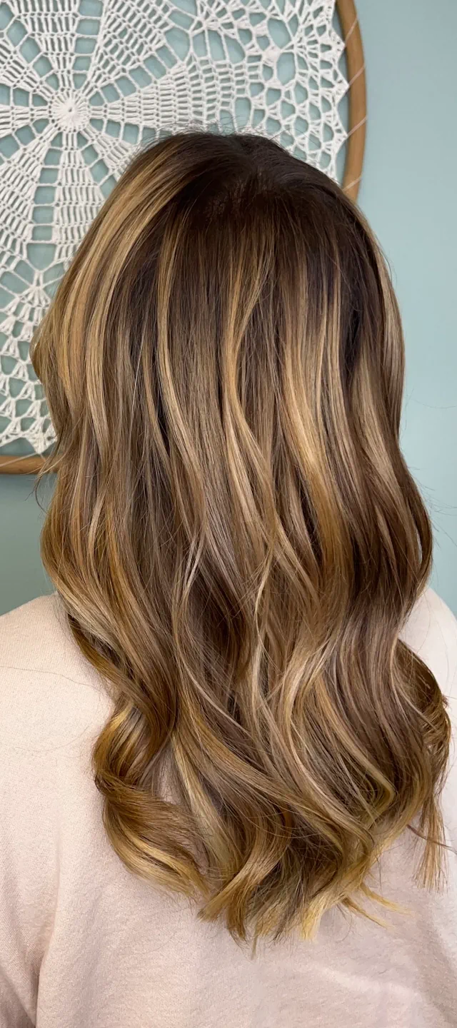 A woman shown from behind, featuring long, wavy brown hair with bright blonde balayage highlights, especially prominent on the mid-lengths and ends.